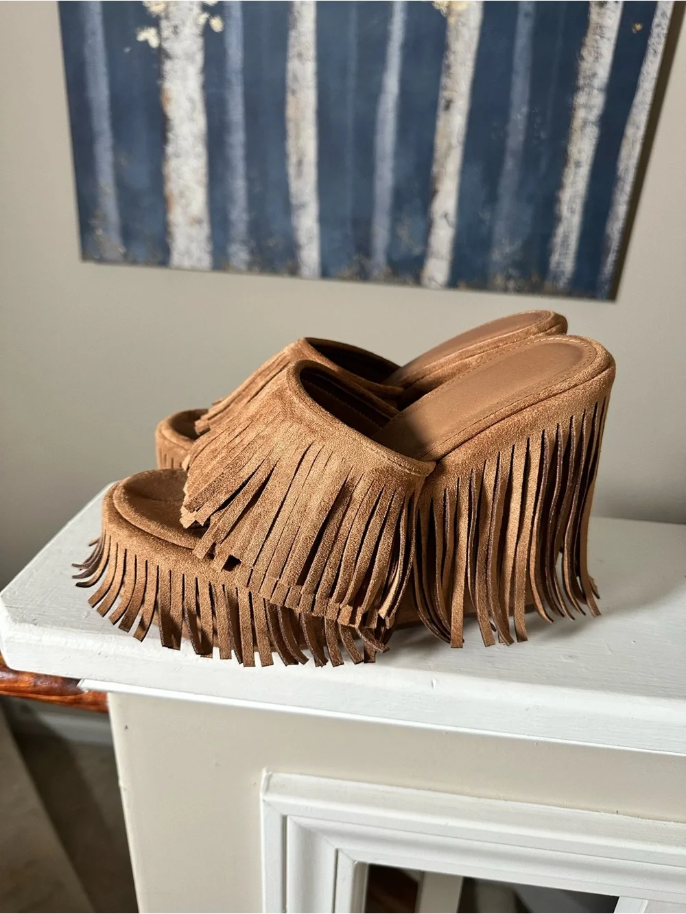 Fringe Platform Slide Sandals in Tan
